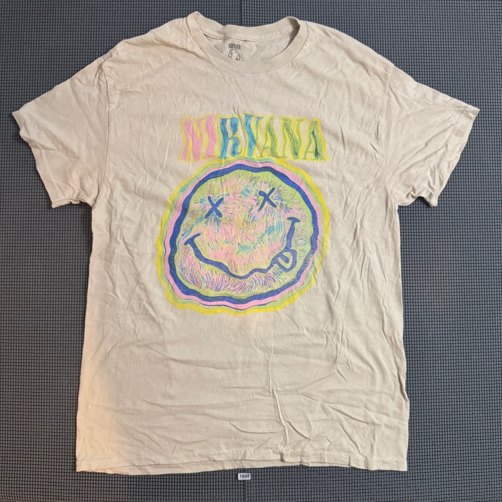 Nirvana Graphic T-Shirt Tan Pastel Sketch Smiley Face Logo Mens Large L